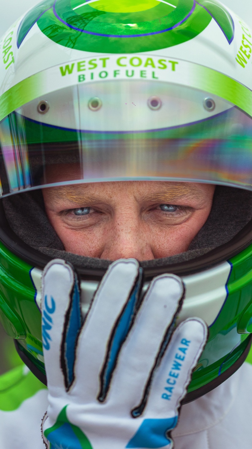 Daniel Sedlak focused behind the visor of his racing helmet
